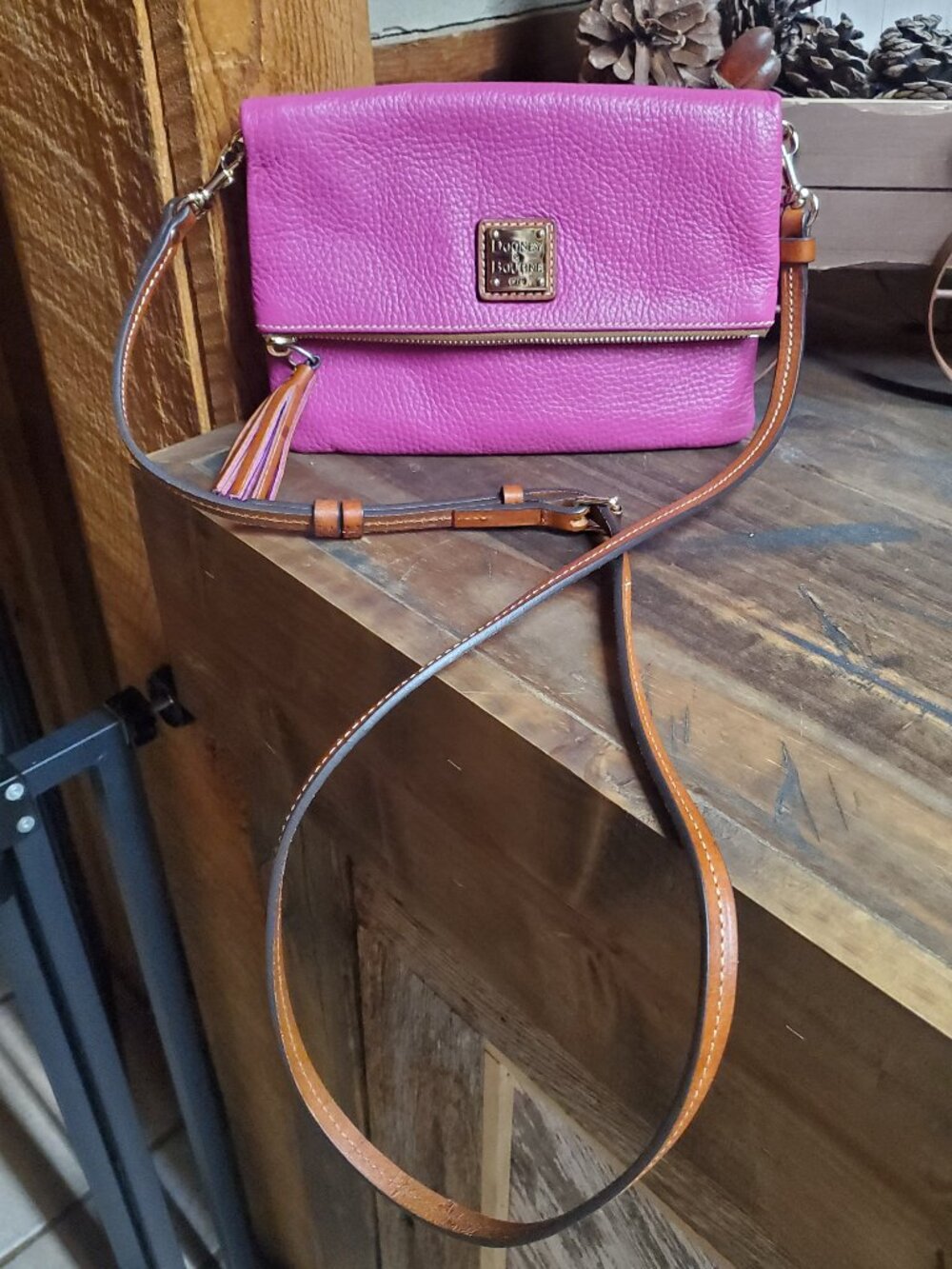 NWOT Dooney & Bourke Pebble Grain Foldover Zip Crossbody Pink Fuchsia Leather